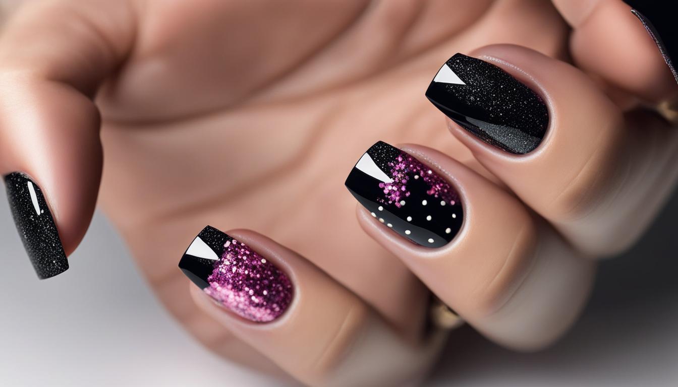 Nageldesign Schwarz Pink Glitzer